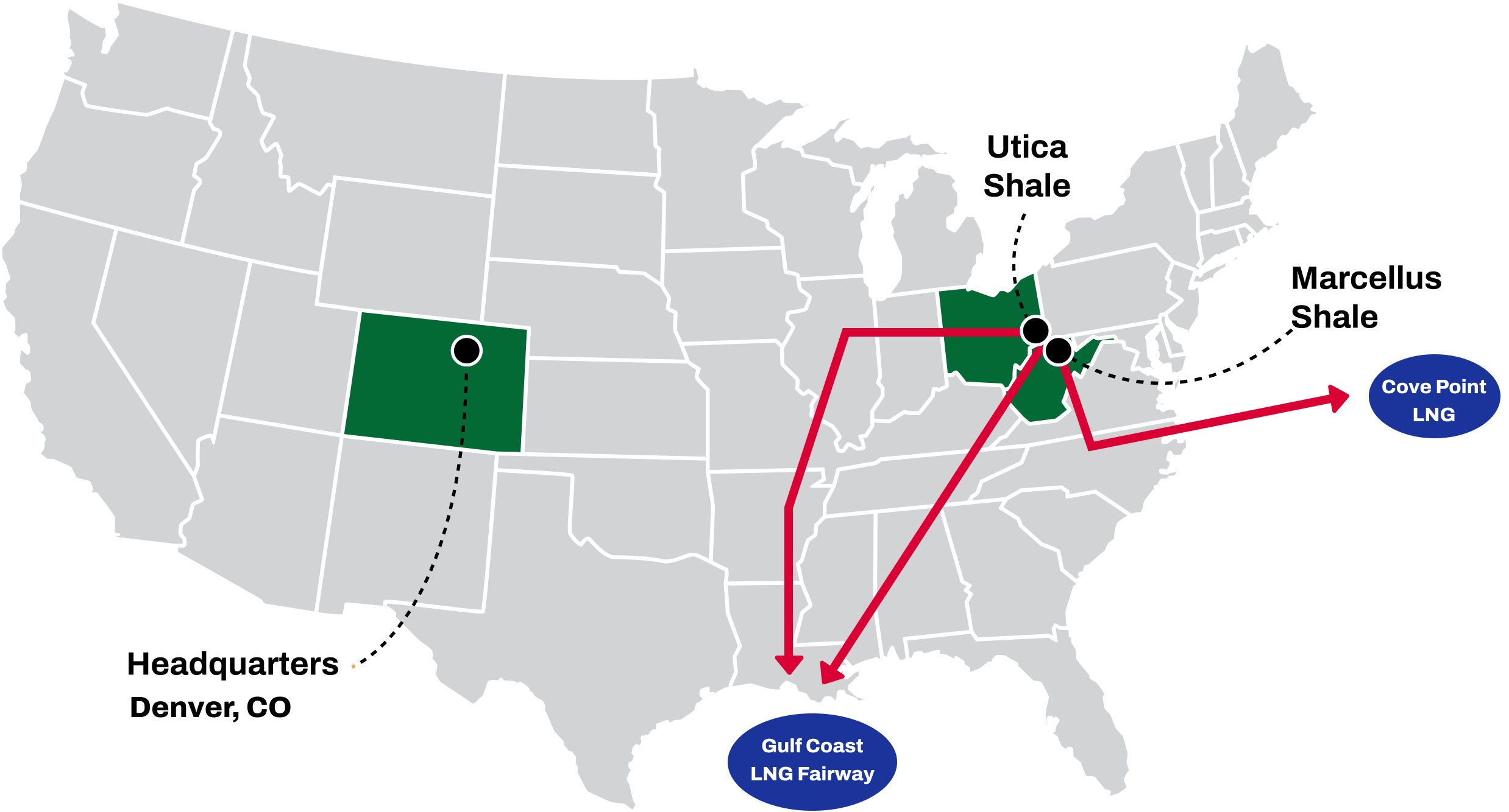 This map shows where Antero Resources operates in the US. All states that Antero does not operate in are gray. Antero's Headquarters is in Denver, Colorado. The map shows Colorado in green. Antero operates two shales - The Marcellus Shale and the Utica Shale. Operations for these shales take place in Ohio, West Virginia, and Pennsylvania - which appear in green on this map.